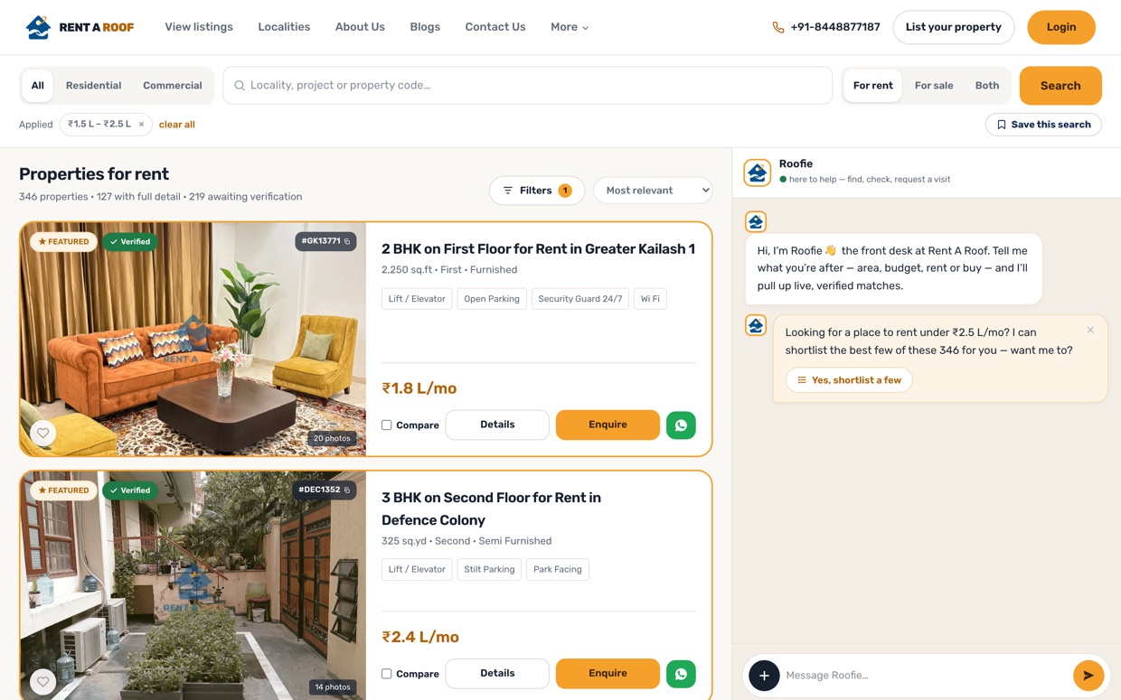 Rent A Roof search results filtered to ₹1.5–2.5 lakh a month, showing featured and verified listings with Roofie offering to build a shortlist