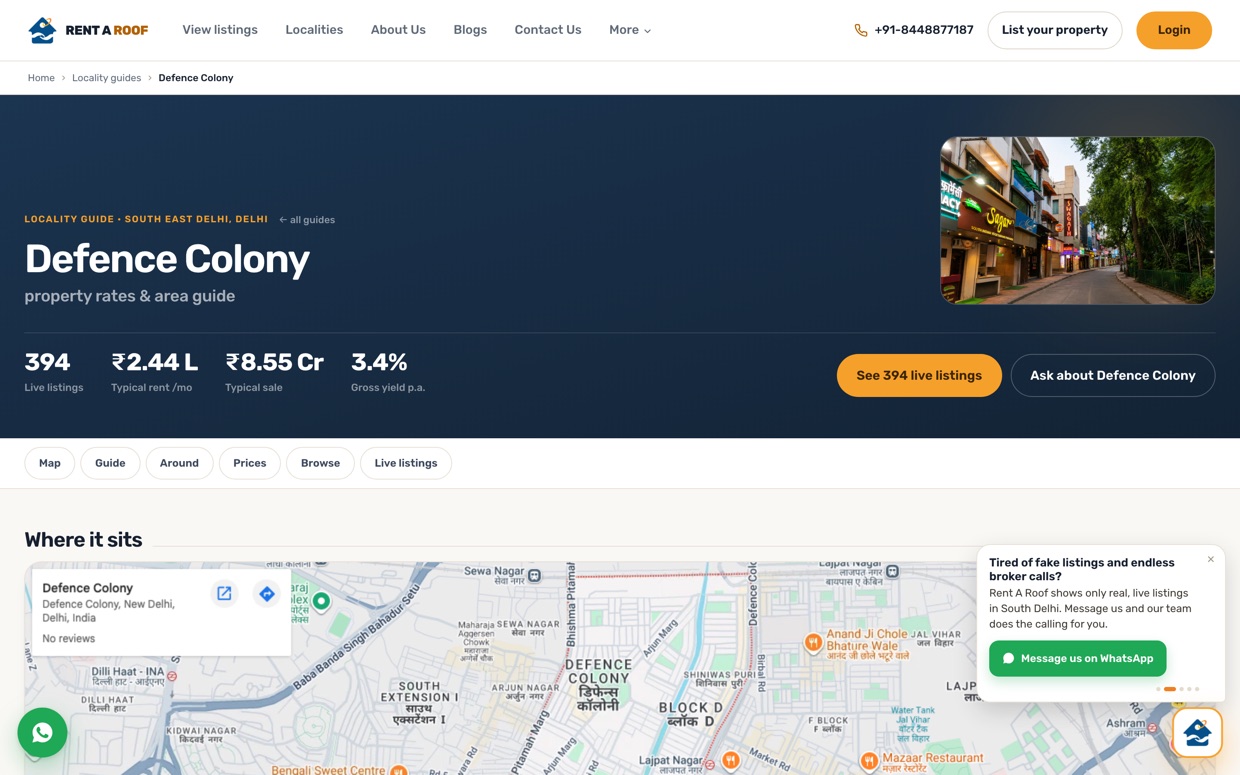The Defence Colony area guide on Rent A Roof, showing live listing count, typical rent, typical sale price and gross yield