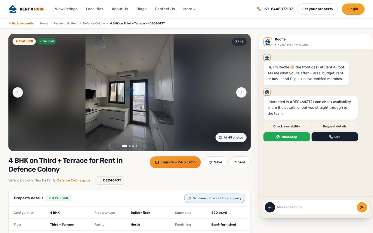 A Defence Colony property page on Rent A Roof with its photo gallery, verified badge, save and share controls, and the enquire bar